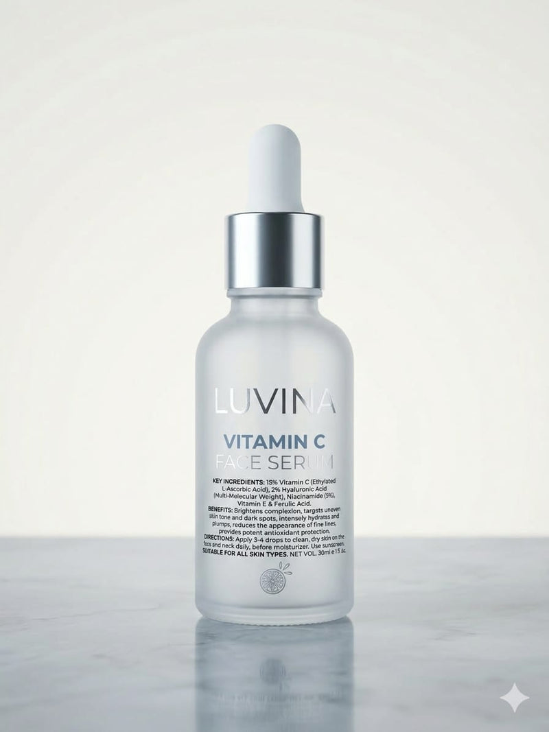 Luvina 15% Vitamin C Face Serum with Hyaluronic Acid & Ferulic Acid – Brightening & Anti-Aging Formula (30ml)