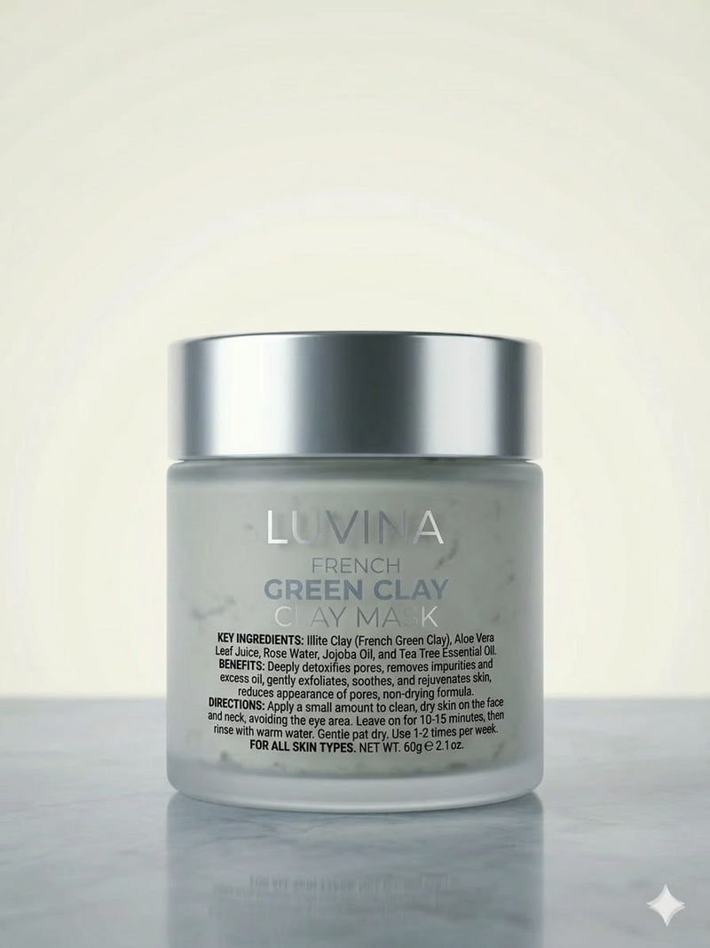Luvina French Green Clay Mask – Detoxifying Facial Treatment with Tea Tree Oil & Jojoba for Pore Refining (60g)