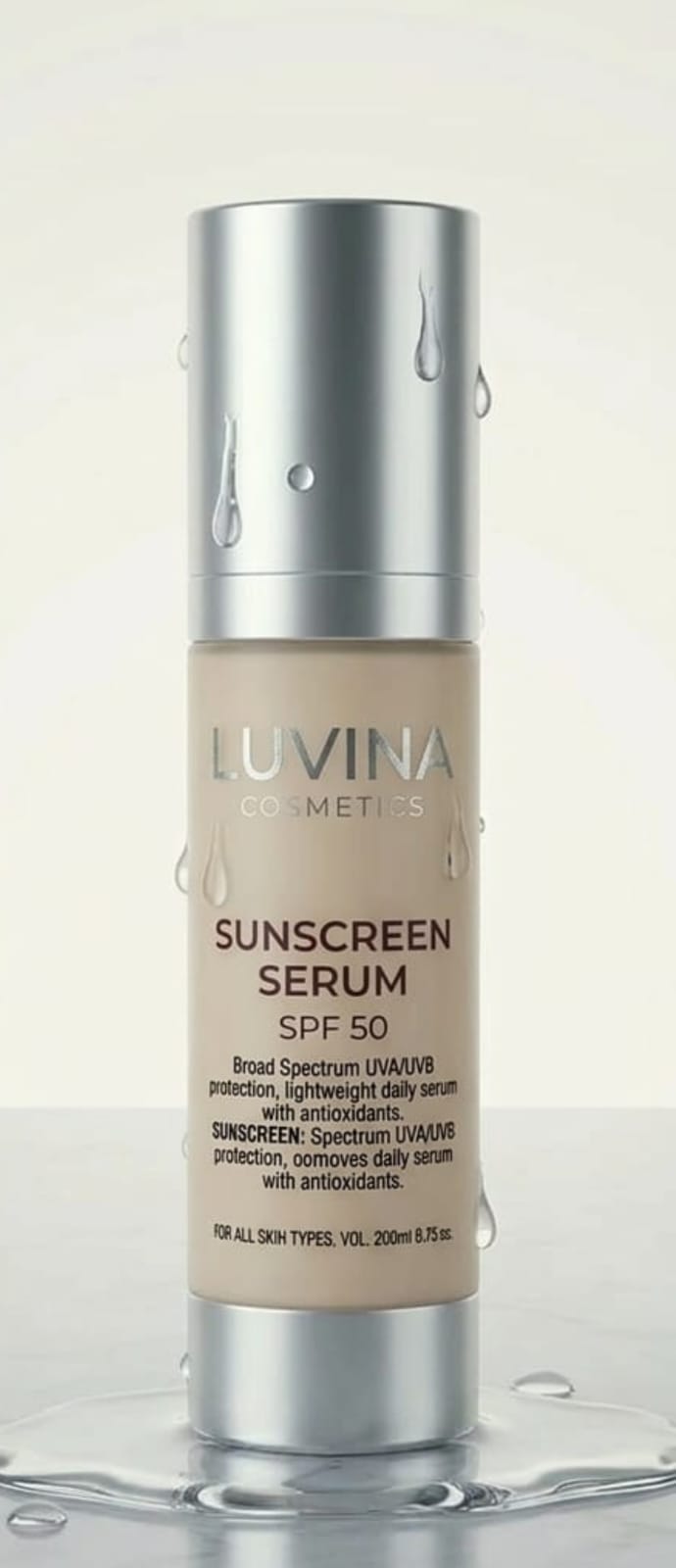 Luvina Sunscreen Serum SPF 50 – Broad Spectrum UVA/UVB Protection with Antioxidants (200ml)